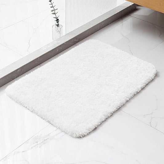 White Bathroom Rugs 17"x24" - High-Density Microfiber Bath Mat, Fluffy Non Slip Absorbent and Washable Bathroom Mat - Ideal for Small Spaces, Vanity, Toilet, or Pet Mat