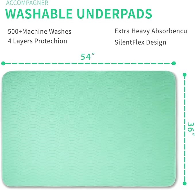 Accompagner Waterproof Reusable for Adults and Pets Washable Pee Pads for Dogs Changing Pad Large Dog Bed Size Adults Incontinence Bed Pads - Non-Slip Leak-Proof (Green, 36"x54"(Pack of 4))