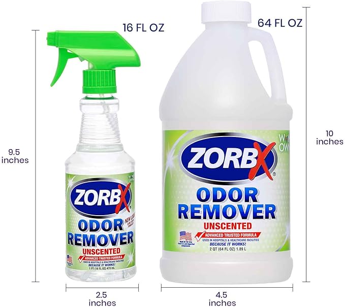 ZORBX Unscented Odor Eliminator for Strong Odor 16 Oz + 64 Oz - Used in Hospitals & Healthcare Facilities - Advanced Trusted Formula, Fast-Acting Odor Remover Spray for Dog, Cat, House & Carpet