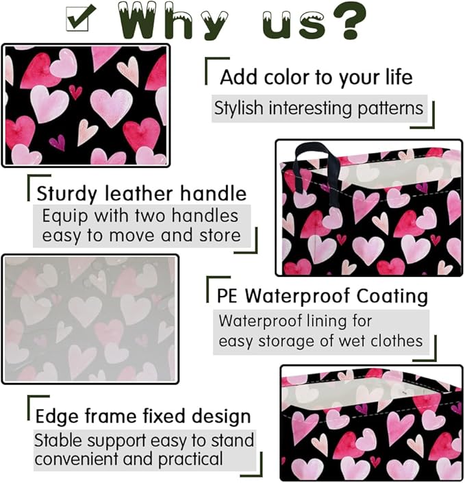 FXOCSHE Rectangular Black Valentine's Day basket,nursery basket,Black girls gift baskets,kids toy storage Bin, Love Heart Room Decor for Home,Shelf Baskets(Enchanting heart)