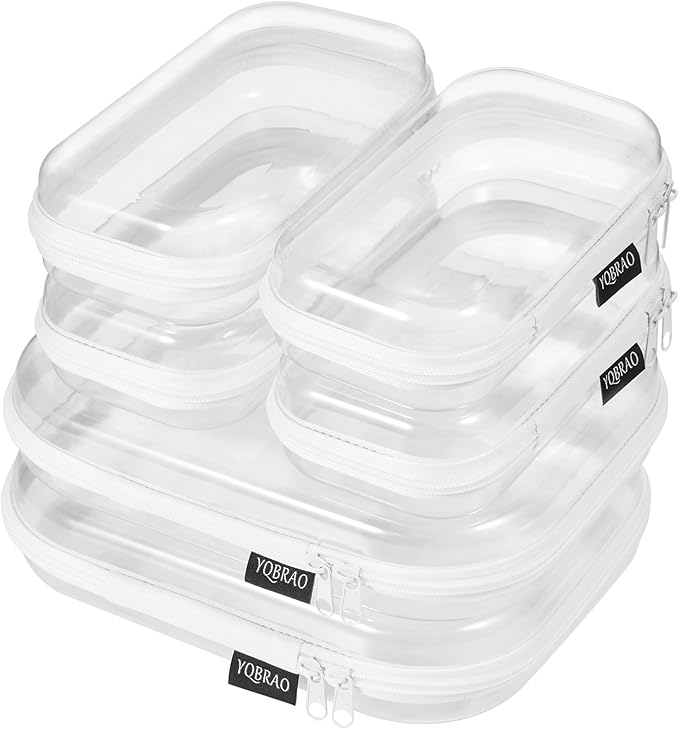 YQBRAO 6 Pack Clear Hard Shell Beauty Organizer (2M+4S), 1.2mm Crush-Proof Cosmetic Case, Reinforced YKK Zippers, Stadium Approved Security Bag for Skincare, Toiletries & Electronics, Multi-Size Set