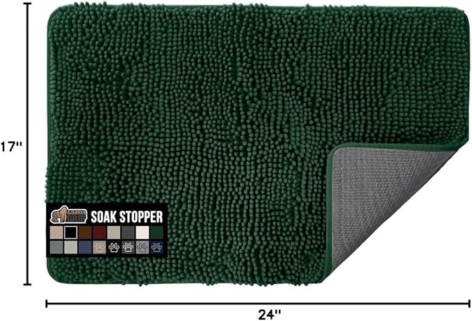 GORILLA GRIP SOAKSTOPPER Dog Door Mat, Machine Washable Rug Absorbent Doormat Captures Moisture Mud Dirt, Quick Dry Soft Chenille Entryway Rugs Indoor Entrance Mats for Dog Paws, 24x17 Deep Green