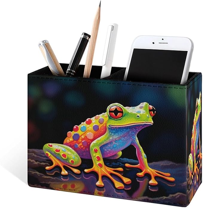 Famame Colorful Frog Pencil Holder for Desk, Leather Desktop Container Pen Cup Storage Study Table Pen Organizer Makeup Brush Holder for Classroom Office Home
