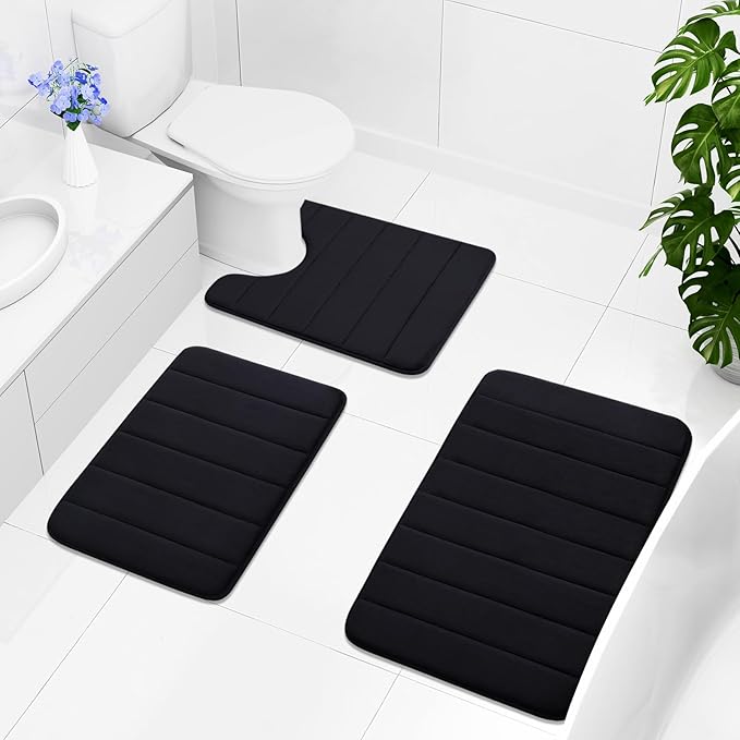 Buganda Memory Foam Bath Mat, 47" x 20", Ultra Soft and Non-Slip Bathroom Rugs, Water Absorbent and Machine Washable Bath Rug Runner for Bathroom, Shower, and Tub, Black