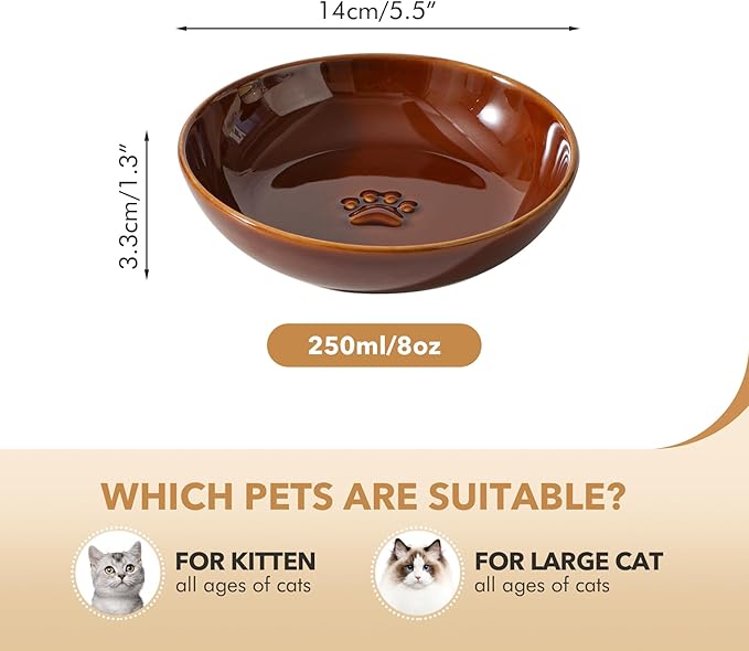 Ceramic Wide Whisker Friendly Cat Dishes, Set of 3 Ceramic Cat Bowls with Paw Print, Anti-Slip Indoor Kitten Feeding Food& Water Dish to Prevent Whisker Fatigue(3 Pcs, Caramel Brown)