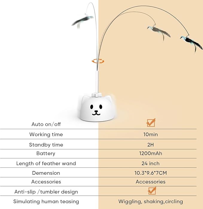 Interactive Cat Toys for Indoor Cats - Automatic Flying Bird Feather Toy, USB Rechargeable Electric Cat Teaser with Sticky Suction Base, Smart Motion Activated Self-Play Enrichment Toy for Bored Cats