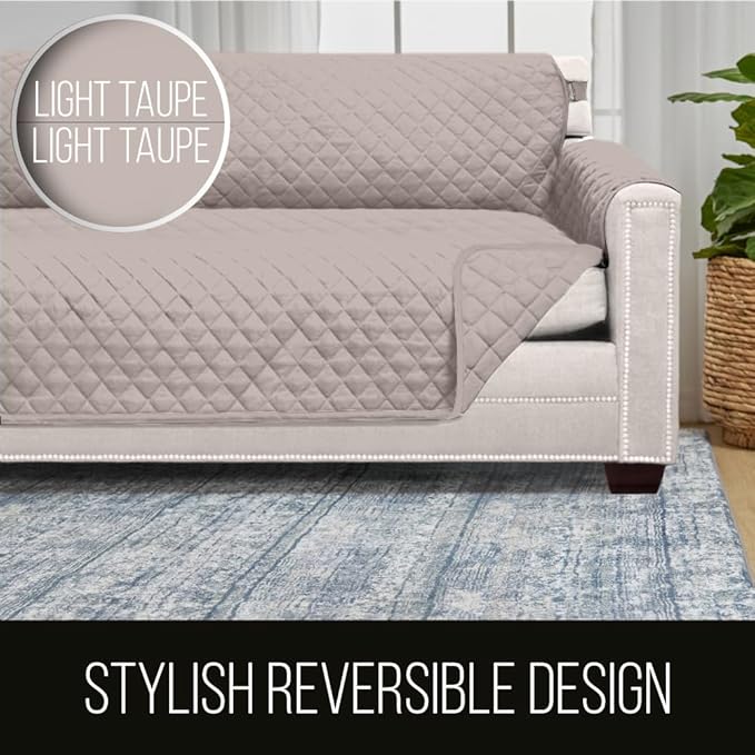 Sofa Shield Couch Slip Cover with Patented Strap, Cushion Protector, US Designed Reversible Stain and Dog Tear Resistant Slipcover, 78 inch Seat, Washable Covers for Dogs Pets, Light Taupe