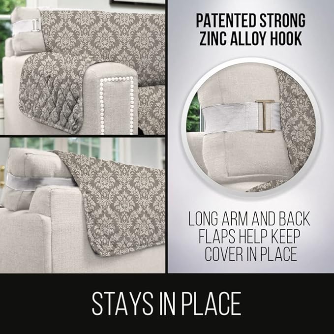 Sofa Shield Couch Slip Covers for Dogs, Reversible Furniture Protector with Strap, Stain and Tear Resistant Cushion Cover, 78 inch Seat, Machine Washable Slipcover Pets, Cats, Damask Latte Ivory