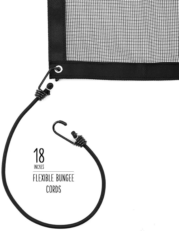 DOGUAL Dog Car Net Barrier - Universal Fit Sturdy Mesh, Easy to Install, Convenient for Air Conditioning, Easy to Clean & with Flexible Bungee Cords for Seat Movement