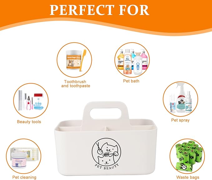 Morezi Dog grooming basket box bin in plastic small organier storage great for holding puppy cats combs shampoo brushes scissors grooming stuff in bathroom closet