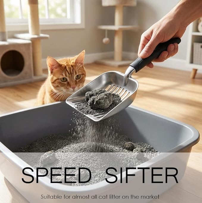 4-in-1 Cat Litter Scoop with Holder, Cat Litter Box Organizer Cleanup Kit - Sweeper & Dustpan, Aluminium Kitty Litter Scooper and Storage Caddy, Heavy Duty Cat Litter Box Cleaning Supplies