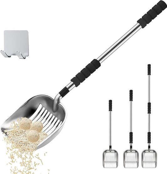 Cat Litter Scoop, Metal Litter Scooper with Deep Shovel, Scooper Long Handle Detachable Components Stainless Litter Scooper，Large Durable Cat Litter Shovel with Foam Pad Grip(Silver Color)