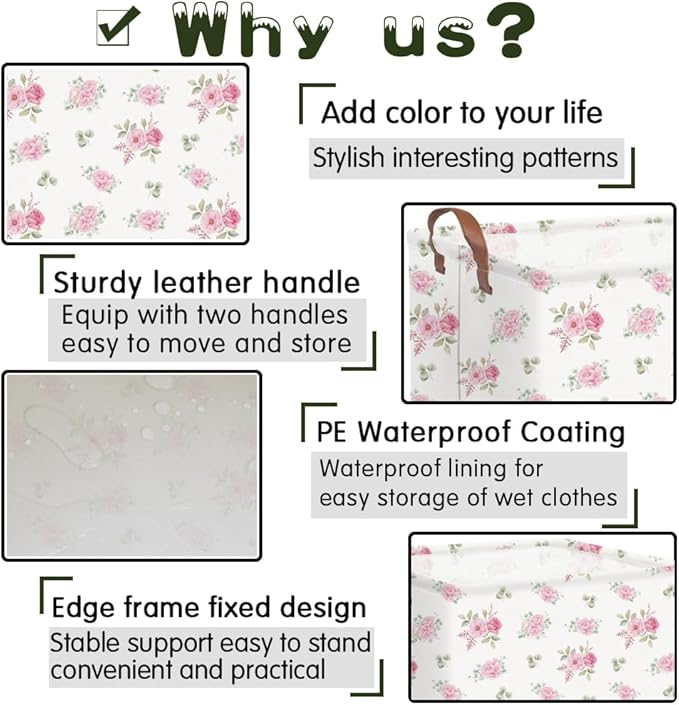 FXOCSHE Rectangular Rose Pink Flower Basket for Girls,Waterproof collapsible laundry basket for girls,Kids Storage Baskets,Books Box,Gift Baskets,Baby Room Decor(Pink Flowers)