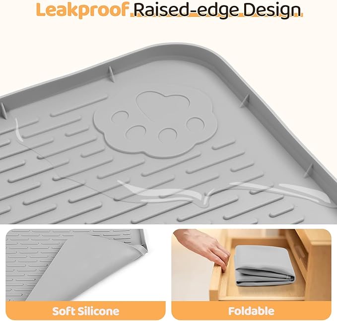 Bartuke Dog Food Mat, Extra Large 34" x 22" Silicone Pet Feeding Mat with Raised Edge Pet Placemat for Small, Medium, and Large Pets Non-Slip, Easy to Clean (Light Grey)