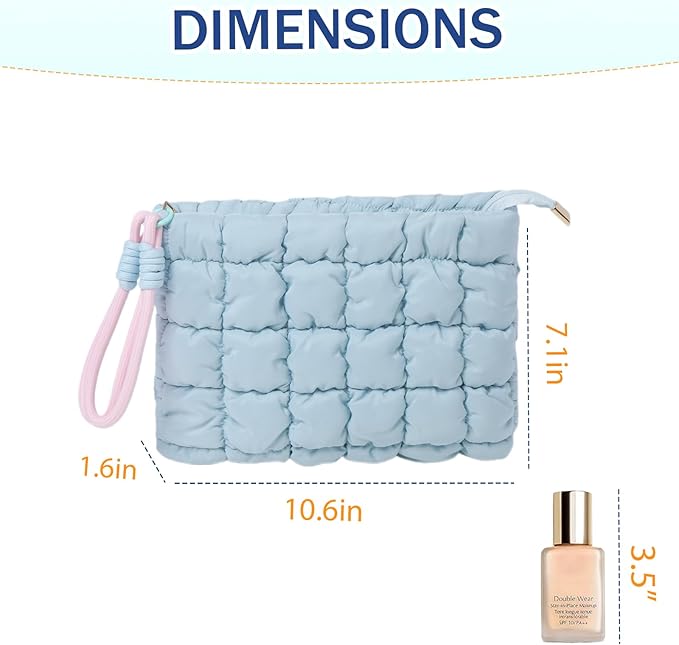 Puffy Quilted Makeup Bag Cosmetic Bag Equipped with a Detachable Handle Cute Zipper Pouch for Storage Clutch for Women(Blue)