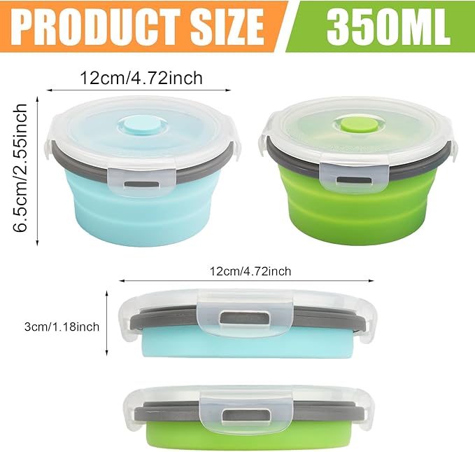 2-Pack Collapsible Bowls with Lids, Reusable Silicone Food Storage Containers for Meal Prep, Camping Must Haves Accessories Green Blue, Microwave Freezer Safe Dishwasher Safe Leak Proof