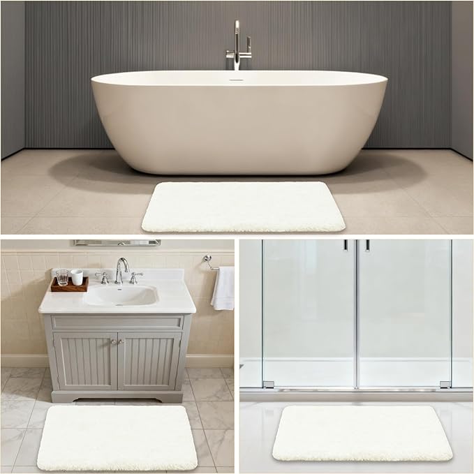 Cream Bathroom Rugs 24"x36" - Fluffy Microfiber Bath Mat, Non Slip and Absorbent Bathroom Floor Mat, Machine Washable Plush Rug - Ideal for Tub, Cabinet or Washroom