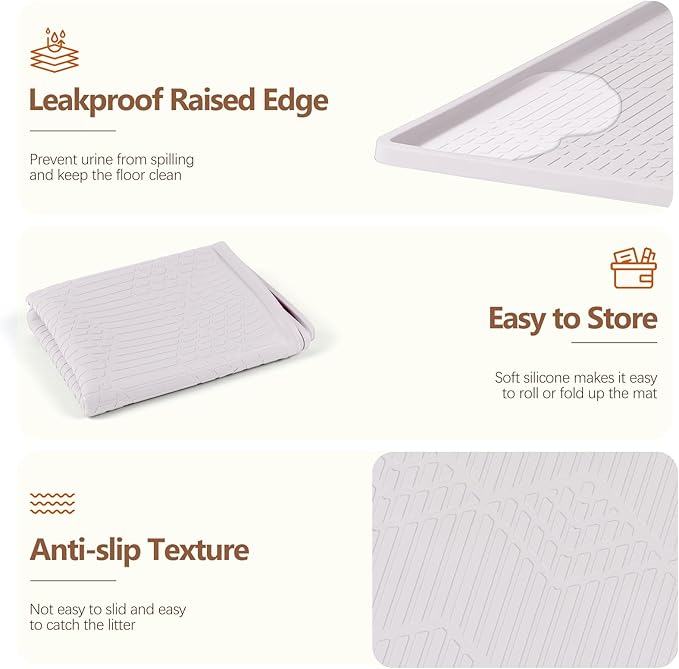 Bartuke Large Cat Litter Mat with Toy Ball, 34'' x 22'' Silicone Cat Litter Trapping Mat for Scatter Control, Soft on Kitty Paws, Easy to Clean (White)