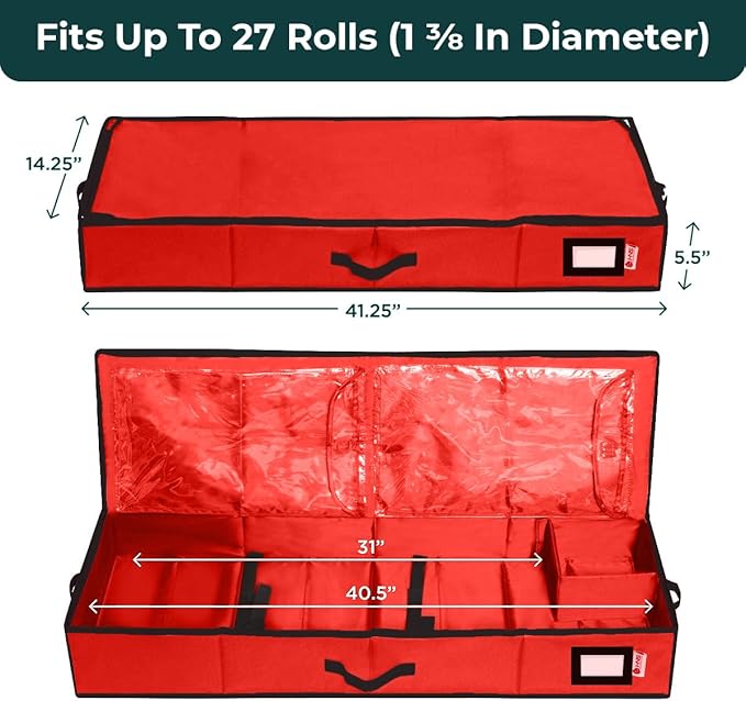 HOLDN’ STORAGE Premium Wrapping Paper Storage Container - Durable 600D Tear-Proof, Fits 27 Rolls Gift Wrap, Extra Pockets for Ribbons & Bows, Underbed Storage - Ideal for Holiday Christmas, Red