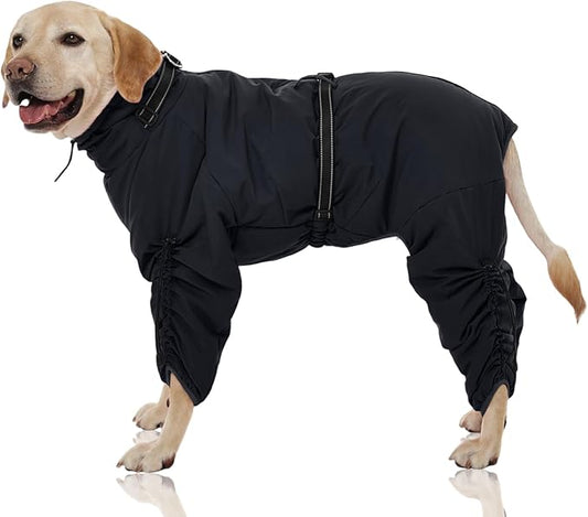 FUAMEY Full Body Dog Coat,Warm Dog Fleece Jackets with Harness Built in Windproof Dogs Snowsuit Zip up Pet Four Legged Pets Jumpsuit Winter Outfit Cold Weather Coats for Extra Large Dogs Black XXL