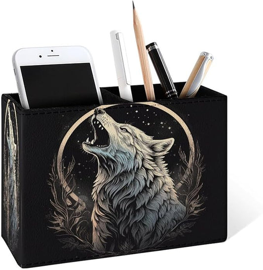 Famame Howling Wolf Moon Pencil Holder for Desk, Leather Desktop Container Pen Cup Storage Study Table Pen Organizer Makeup Brush Holder for Classroom Office Home