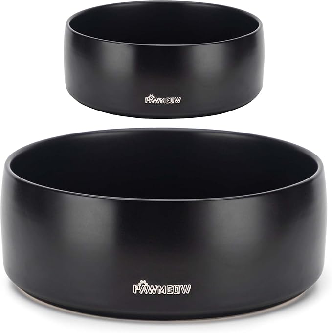 Ceramic Dog Bowls, 2 Large Spill Resistant Modern Pet Feeding Bowls for Small & Large Dogs (Black, 5.5+8Inch)
