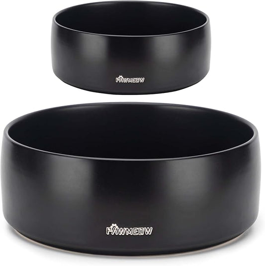 Ceramic Dog Bowls, 2 Large Spill Resistant Modern Pet Feeding Bowls for Small & Large Dogs (Black, 5.5+8Inch)