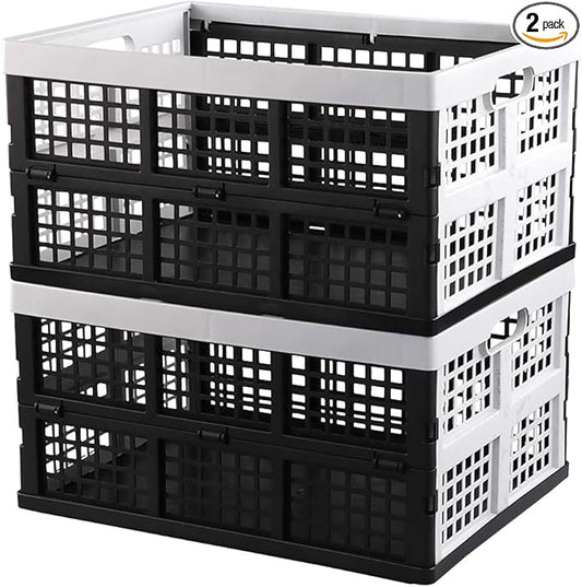 Hespapa 35 Quart Folding Crates, Plastic Collapsible Storage Container Milk Crate Baskets, 2 Packs
