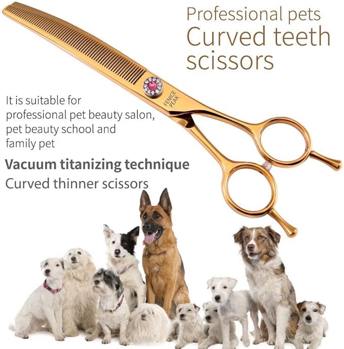 Fenice Peak Professional Dog Grooming Scissors Pet Curved Thinning Shears 7.0'' Extremely Sharp Blades 440C Steel Thinning Scissors Durable Smooth Motion & Fine Cut for Dogs and Cats(Gold)