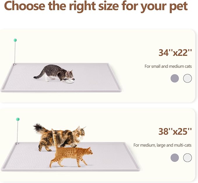 Bartuke Large Cat Litter Mat with Toy Ball, 34'' x 22'' Silicone Cat Litter Trapping Mat for Scatter Control, Soft on Kitty Paws, Easy to Clean (White)