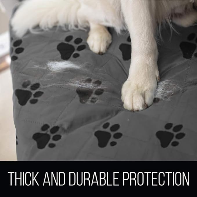 Sofa Shield Couch Slip Cover with Patented Strap, Cushion Protector, US Designed Reversible Stain and Dog Tear Resistant Slipcover, 70 inch Seat, Washable Covers for Dogs Pets, Paw Gray Black