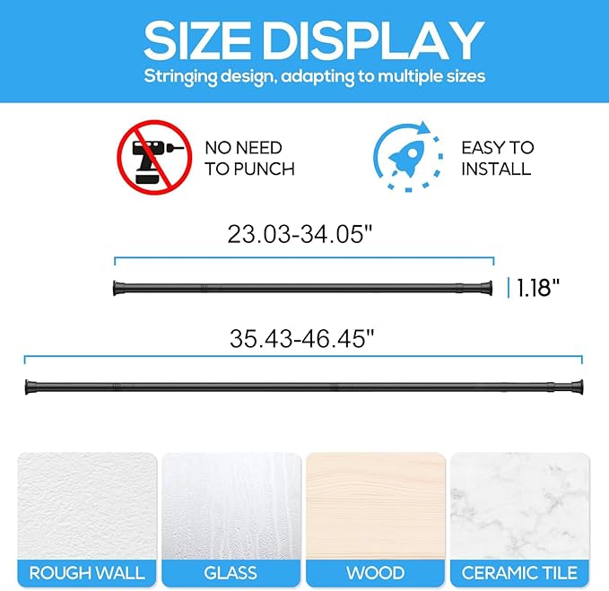 2pack Spring Tension Rods 23-46 Inch Adjustable black Tension Rod Spring Curtain Rod Extendable Spring Loaded Curtain Rods Tension Rod for Curtains,Closet,Kitchen