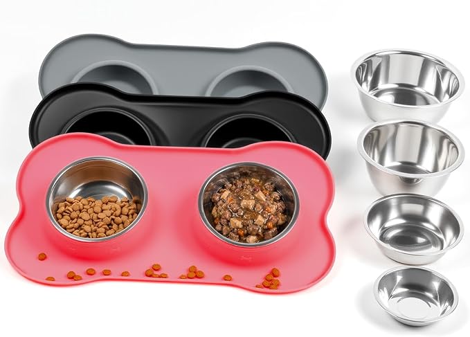 Medium Pet Feeding Station, 29oz Stainless Steel Dog Bowls Set, No Spill Food & Water Dishes with Non Slip Silicone Mat for Breeds Up to 55 Lbs, Pink