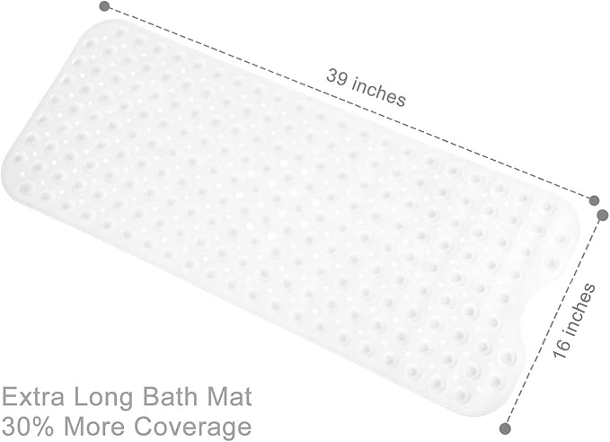 Bath Tub and Shower Mats, Non-Slip 39 x 16 Inch Extra Long Bathtub Mat, Machine Washable BathMat with Drain Holes, Suction Cups for Bathroom (Opaque White)