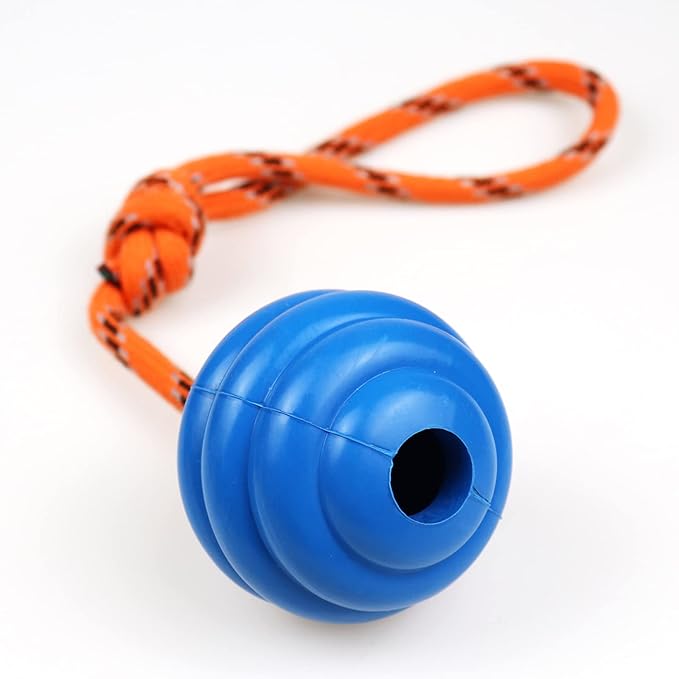 K9 Training Ball with Rope - Indestructible Dog Toy for Training, Pull, Throw, Tug and Fetch - Belgian Malinois Gifts (Blue)