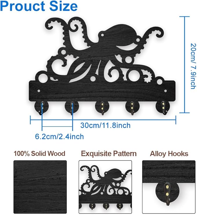 MAYJOYDIY Octopus Coat Hooks Wall Mount Octopus Tentacles Wood Key Holder for Wall 11.8×7.9inch Black Ocean Sealife Wall Art Decor Key Hooks 5 Alloy Hooks for Gift Entryway Living Room Kitchen Office
