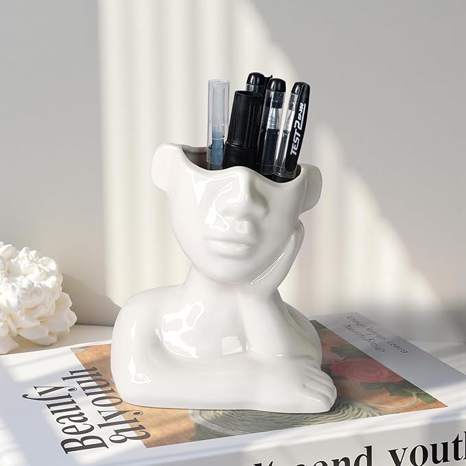 Ceramic Face Pen Holder Organizer, Female Form Face Pen Tools Storage Cup for Desk Accessories, Compact Pencil Holder for Desktop, Living Room, School, Home and Office Decor