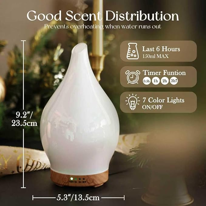 Porseme 150ml Essential Oil Diffuser Glass Color Changing Aroma Air Diffusers Aromatherapy Ultrasonic Cool Mist Humidifier 6 Running Hours Waterless Auto-Off for Sleeping Yoga Office Spa (White Jade)
