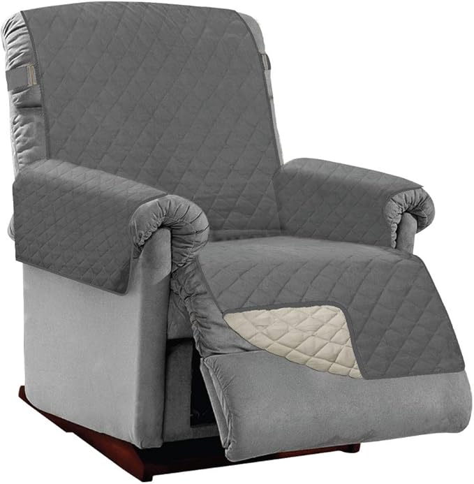 Sofa Shield Recliner Slip Cover with Patented Strap, Cushion Protector, US Designed Reversible Stain and Dog Tear Resistant Slipcover, 28 inch Seat, Washable Covers for Dogs Pets, Charcoal Linen