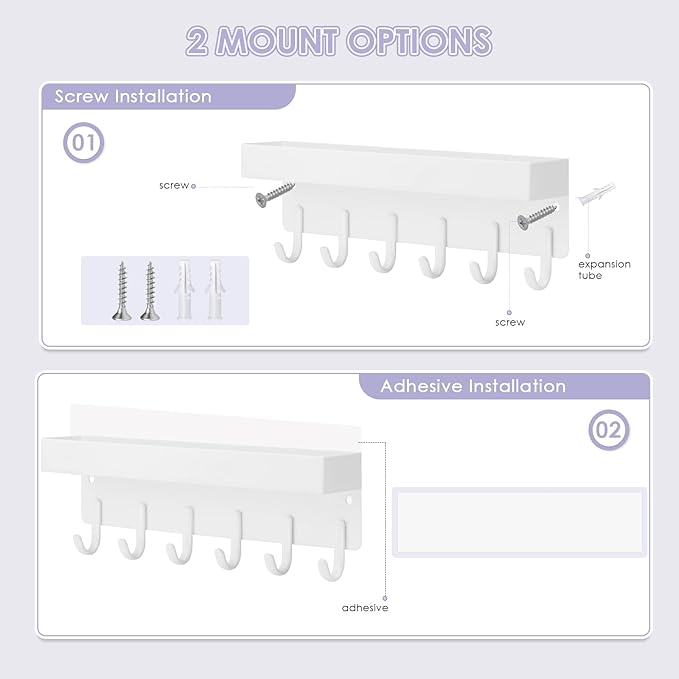 VIS'V Key Holder Wall Mount, Compact Adhesive Key Rack with Tray, 6 Hooks, 2 Mount Options, White