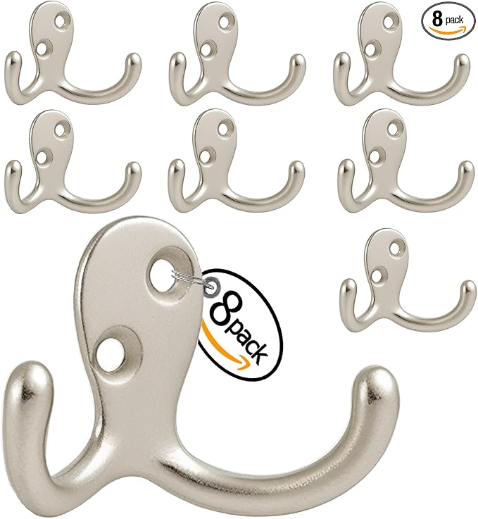 Coat Hooks Wall Hooks for hanging - 8 pack Silver Double Prong Hook Wall Mounted - Great for Living Room, Kitchen, Bedroom for Coat, Bag, Scarf, Towel, Hat, Key, Cup,Sturdy, Durable, Rust-Resistant