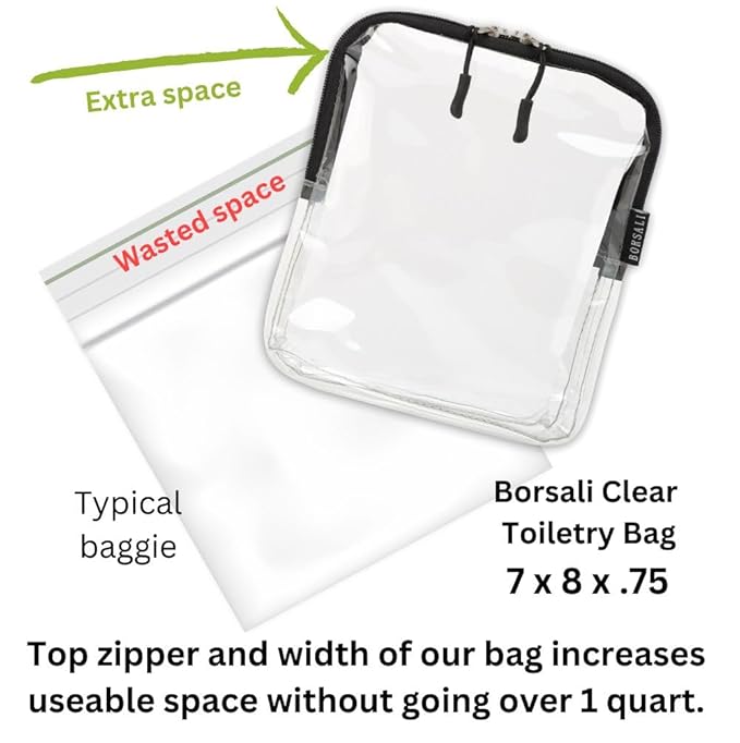 BORSALI TSA Approved Toiletry Bag - Clear Quart Size for 3-1-1 Carry On Travel - Makeup Organizer Cosmetic Pouch with Zipper - Travel Accessories - Cream with Handle