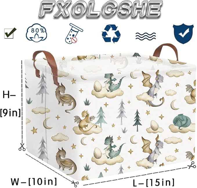 FXOCSHE Rectangular Dinosaur Baskets,Watercolor cute dragon fairy tale kids nursery basket,Cloud moon star dragon egg laundry basket for kid,Toys Box,Dinosaur Room Decor(Cute dinosaur)