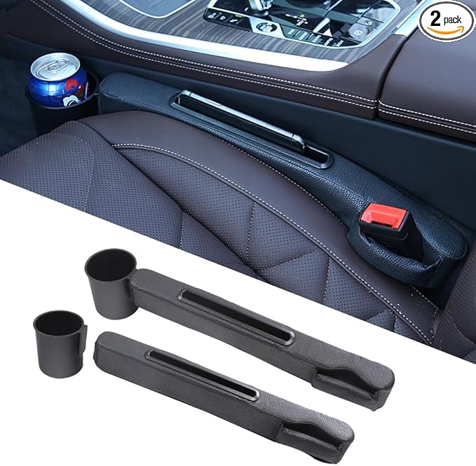 Advanced 3in1 Car Seat Gap Filler with Pocket Organizer and Removable Cupholder,Console Side Pocket Organizer,Car Seat Gap Pad for Cellphone Coin Key,Stopper and Blocker,PU Leather,2 Packs