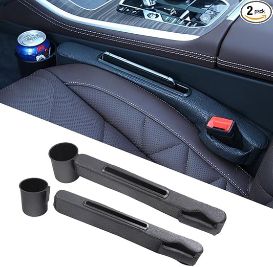 Advanced 3in1 Car Seat Gap Filler with Pocket Organizer and Removable Cupholder,Console Side Pocket Organizer,Car Seat Gap Pad for Cellphone Coin Key,Stopper and Blocker,PU Leather,2 Packs