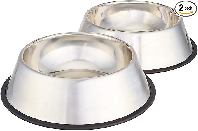 Amazon Basics Stainless Steel Non-Skid Dog Water And Food Bowls, Dishwasher Safe, Rust Resistant, 38oz Capacity, 10 x 2.8 Inches, 2-Pack