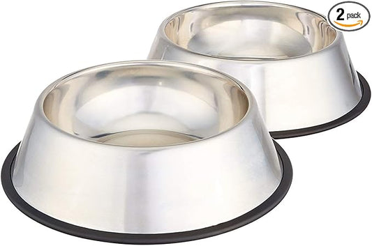 Amazon Basics Stainless Steel Non-Skid Dog Water And Food Bowls, Dishwasher Safe, Rust Resistant, 38oz Capacity, 10 x 2.8 Inches, 2-Pack