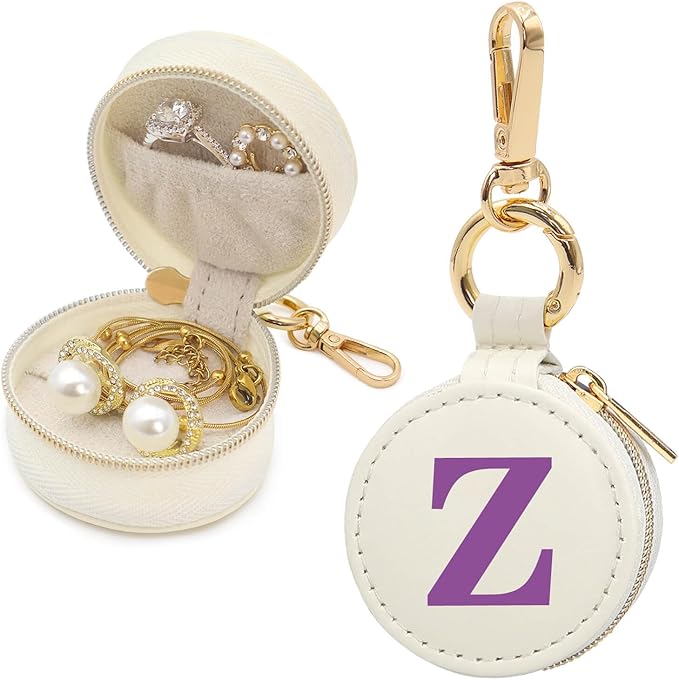 Mini Initial Travel Jewelry Case Ring Holder, Beige Faux Leather Small Jewelry Organizer Box Gifts for Women Girls Nurse Teacher, Gym Travel Accessories Keychain Pouch for Earrings Rings Necklace Z