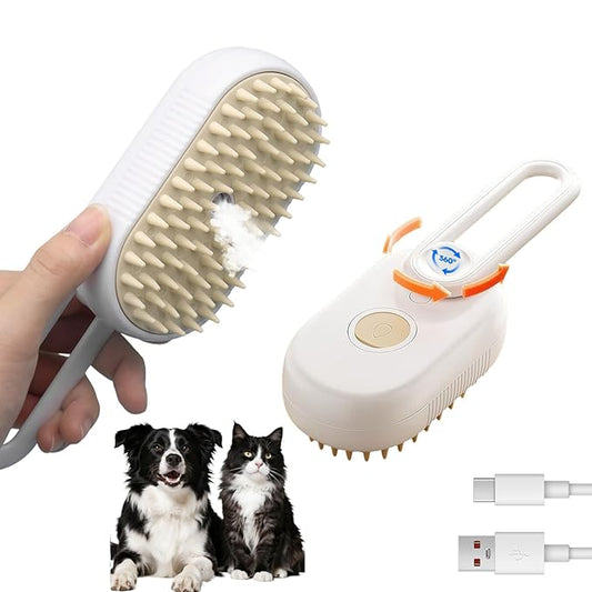 Steam Brush for Cats& Dogs,Pet Steam Brush,4-in-1,Rechargeable Grooming Tool for Cats & Dogs, Anti-Static Design, Delivers Massage, Deep Cleansing, Shedding Control & Styling - White