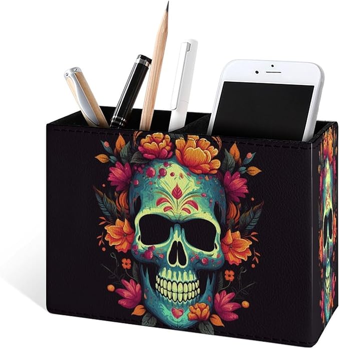 Famame Colorful Skull with Flowers Pencil Holder for Desk, Leather Desktop Container Pen Cup Storage Study Table Pen Organizer Makeup Brush Holder for Classroom Office Home